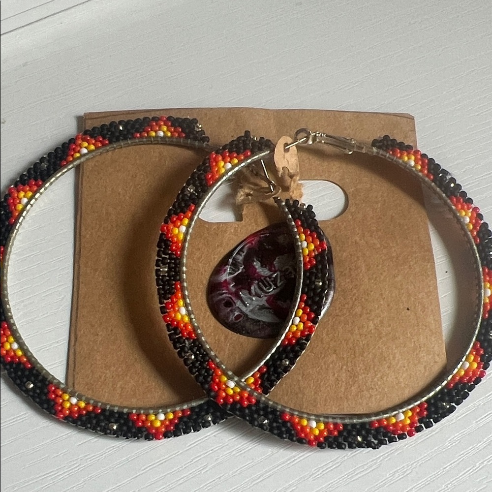 Handcrafted Beaded Hoop Earrings — Black, Red & Yellow